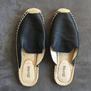 Black leather espadrille flat slip ons